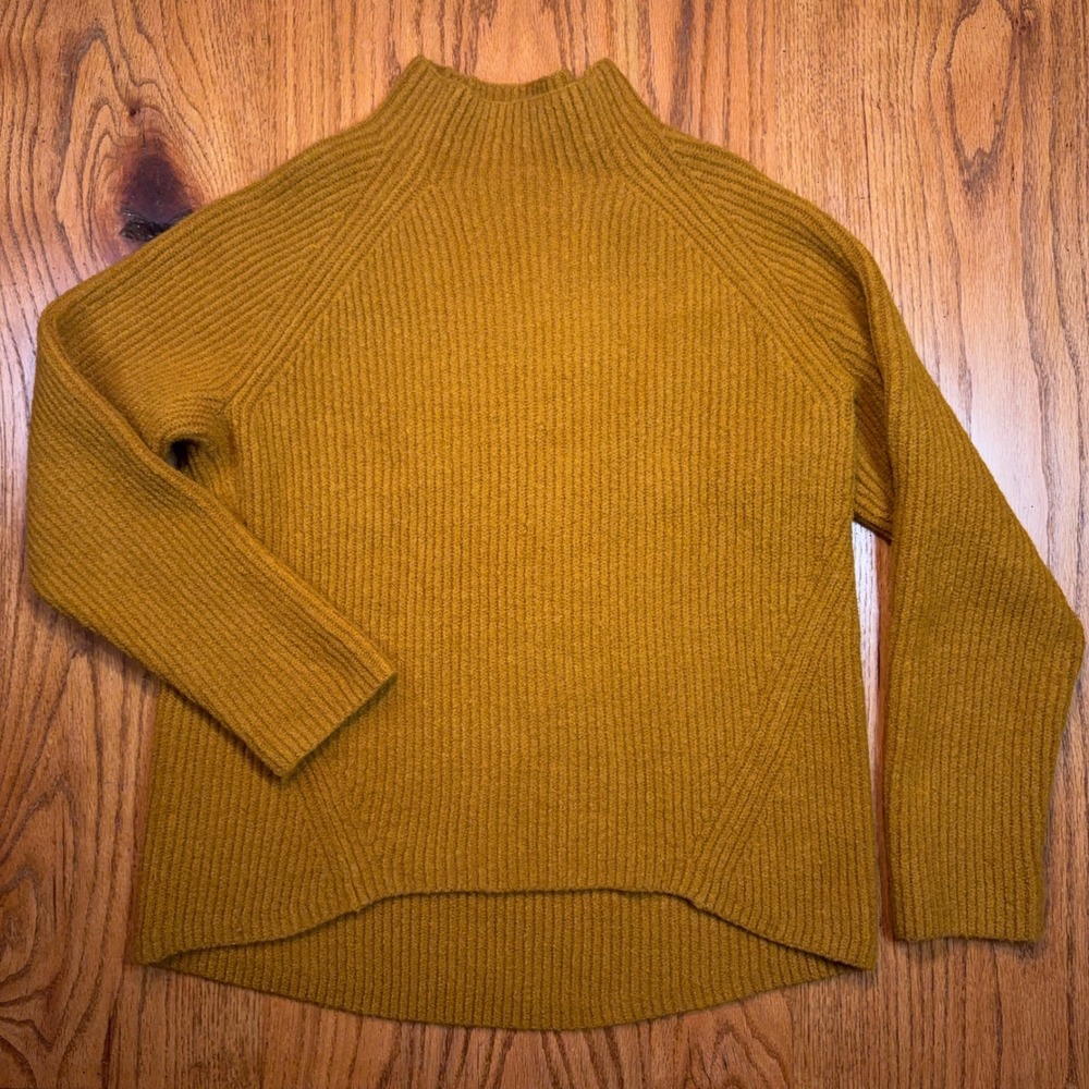 Madewell Sweater Women XL Mustard Yellow Mock Neck Ribbed Wool Blend High-Low
